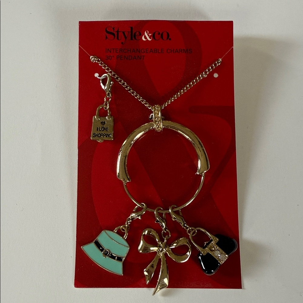 NWT Style & Co Gold Charm Necklace Pendant 4 Interchangeably Charms 18” Shopping